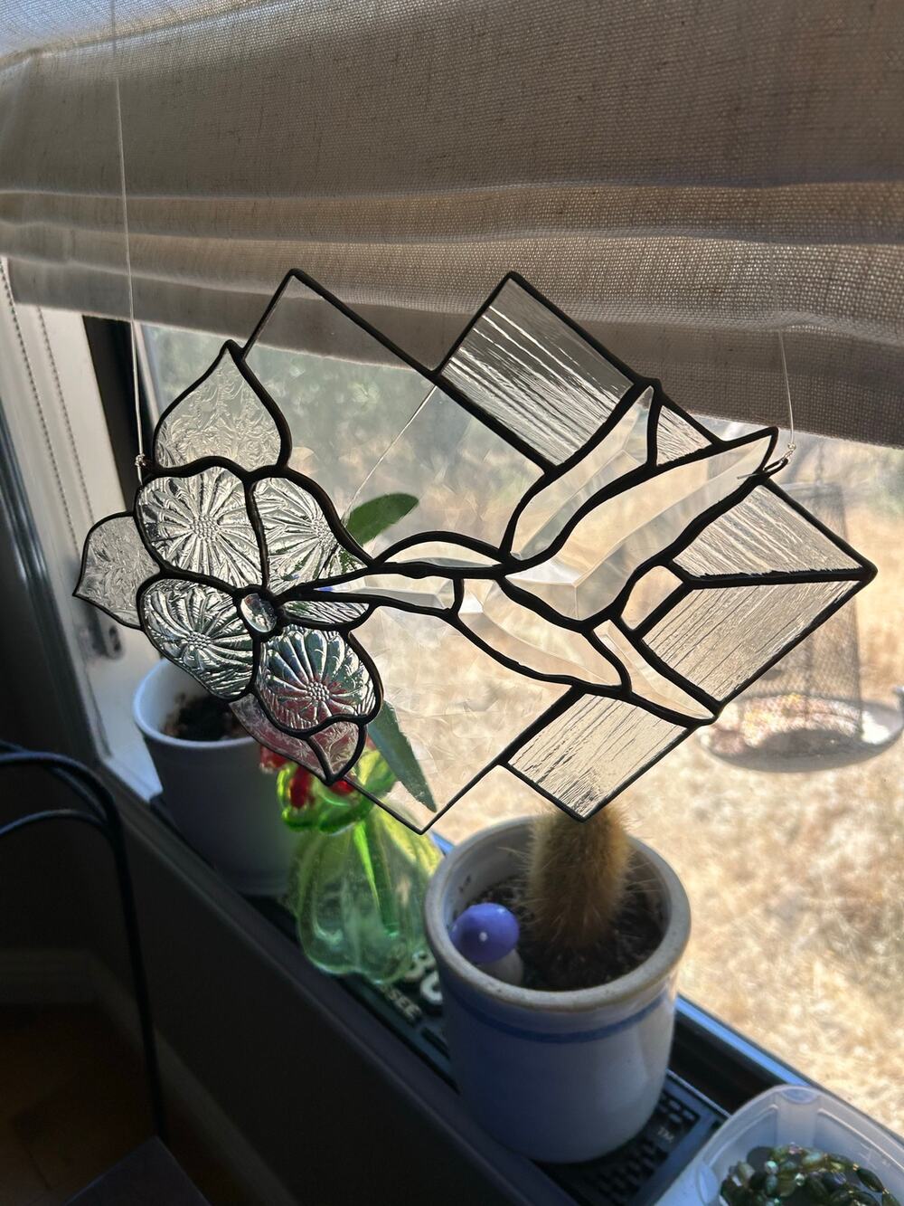 Vintage handcrafted stained glass suncatcher floral hummingbird translucent